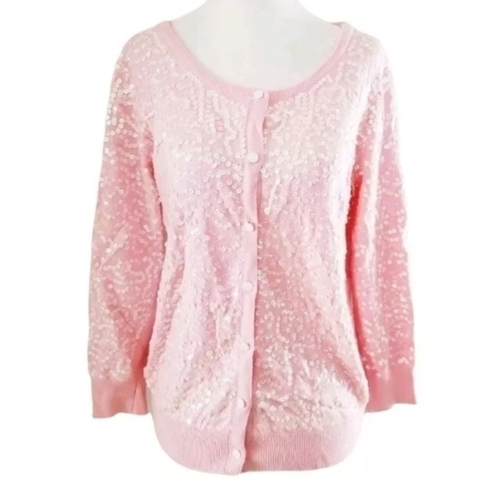 BOSTON PROPER PINK SEQUIN SWEATER CARDIGAN SZ S